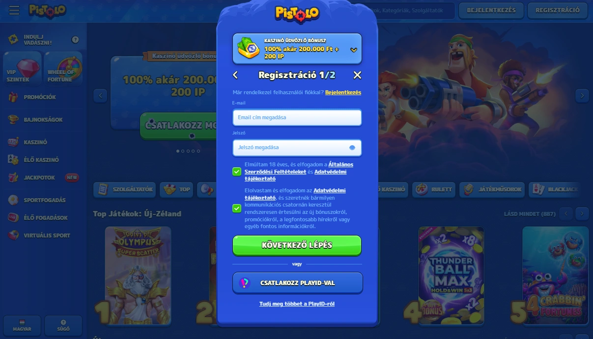 Regisztrációs lépések a casino Pistolo platformon